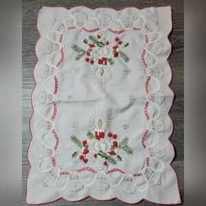 Vintage Embroidered Christmas table mat placemat tray mat candle and Holly